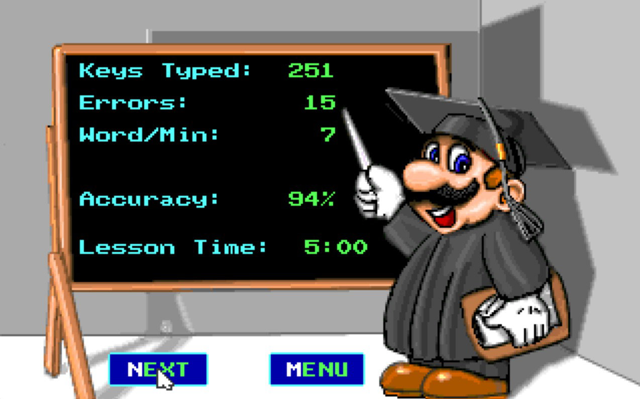 Mario Teaches Typing - results screen