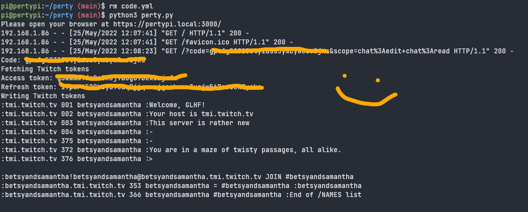 Perty using an access token to connect to IRC