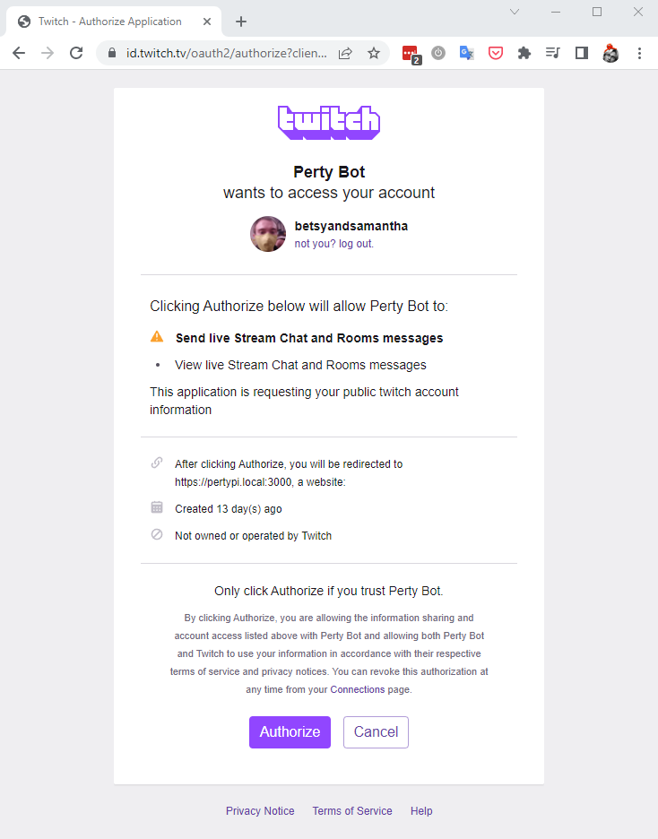 User authorizing with Twitch