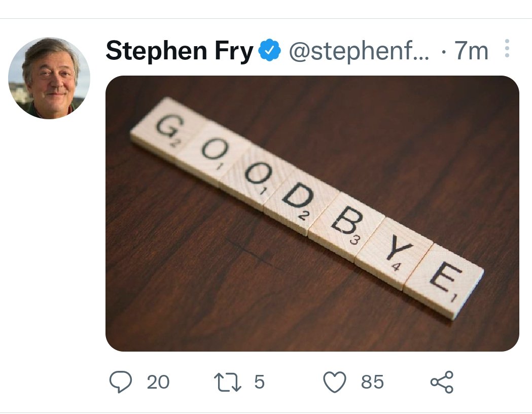 Stephen Fry's Leaving Tweet - Scrabble Tiles spell 'Goodbye'