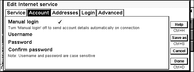 Internet configuration of Psion 5MX - Account