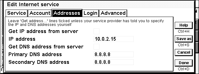 Internet configuration of Psion 5MX - Addresses