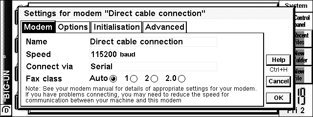 Modem configuration of Psion 5MX - Modem