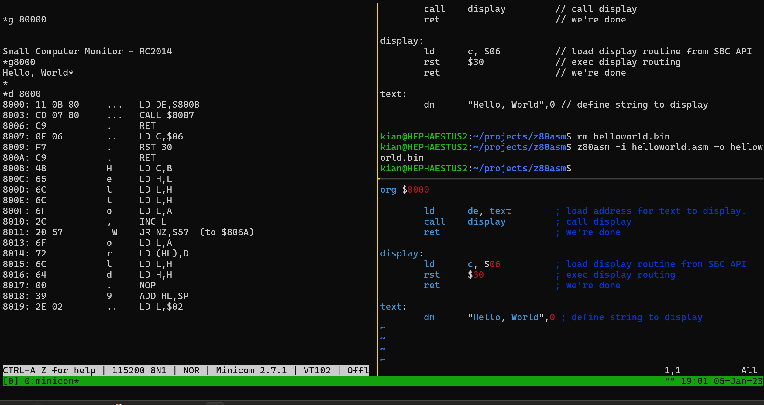 Sample layout of Tmux, Minicom and VIM