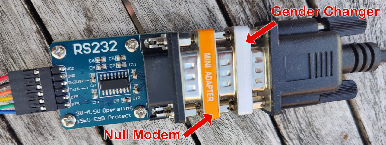 Wareshare RS232, with gender changer and null modem